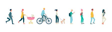 Cartoon people walking set isolated on white background - businessman, mother with stroller, bicycle rider and other men and women. Flat vector illustration.のイラスト素材