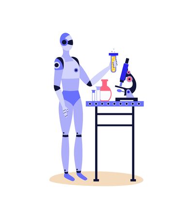 Chemist robot holding glass beaker or test tube with yellow liquid - artificial robotic intelligence cyborg using chemical science equipment. Isolated flat vector illustrationのイラスト素材