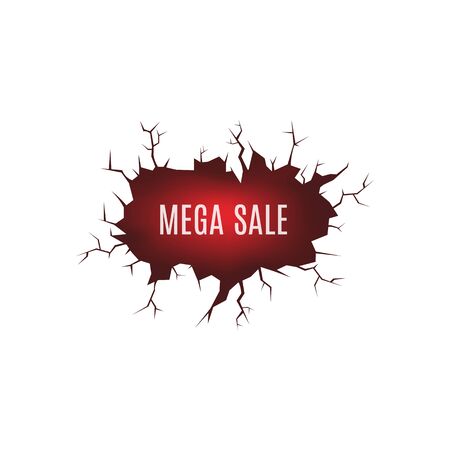 Mega sale label or banner as cracked after earthquake ground with fractures and fire lava, realistic vector illustration isolated on background. Discount or sales promo.のイラスト素材