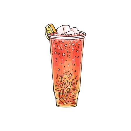 Iced tea drink with ice cubes and lemon slice topping - hand drawn cold summer cocktail in tall plastic cup isolated on white background - vector illustration.のイラスト素材