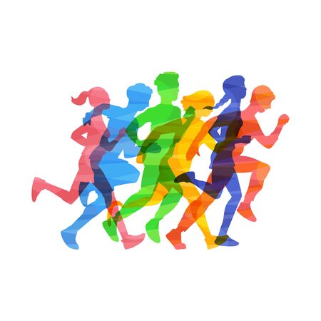 Crowd of young people running marathon, vector illustration in colorful abstract smash effect isolated on white background. Sport and healthy active lifestyle.のイラスト素材
