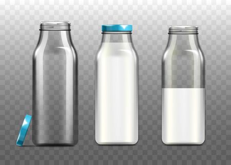 Glass milk bottles set - empty, half full and full, realistic vector illustration mockup isolated on transparent background. Dairy products unlabeled packaging template.のイラスト素材