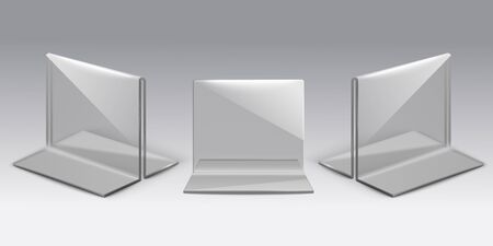 Table stand for menu or desktop plexiglass realistic vector illustrations mockup set isolated on white background. Table tent for menu or information card template.のイラスト素材