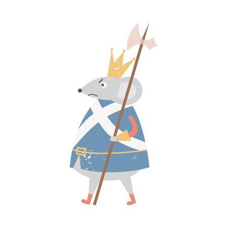 Angry mouse king with crown walking with medieval axe spear isolated on white background - Nutcracker fairytale character with mad facial expression, flat vector illustrationのイラスト素材