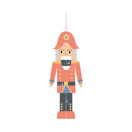 Nutcracker or vintage wooden soldier toy a Christmas fabulous decoration, flat vector illustration...