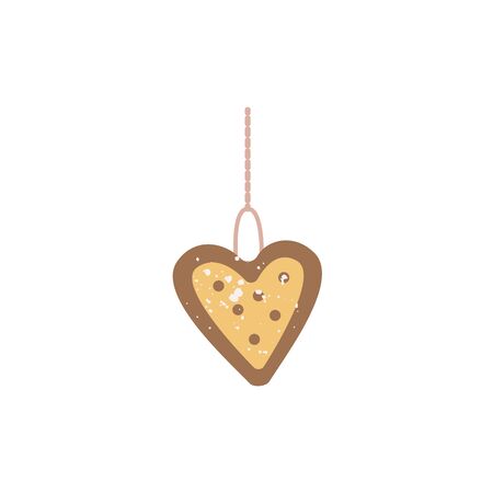 Christmas gingerbread cookie or biscuit in heart shape on loop for hanging on Xmas tree, flat vector illustration isolated on white background. Winter holiday decoration.のイラスト素材