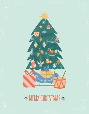 Christmas and New Year greeting card template with Xmas decorated green tree and gift boxes, flat vector illustration on blue background. Winter season holidays backdrop.のイラスト素材