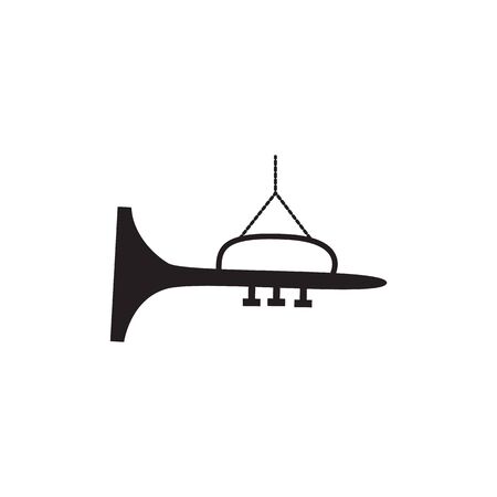 Black trumpet hanging on thread - musical instrument silhouette icon for vintage Christmas tree decoration. Flat isolated vector illustration on white backgroundのイラスト素材