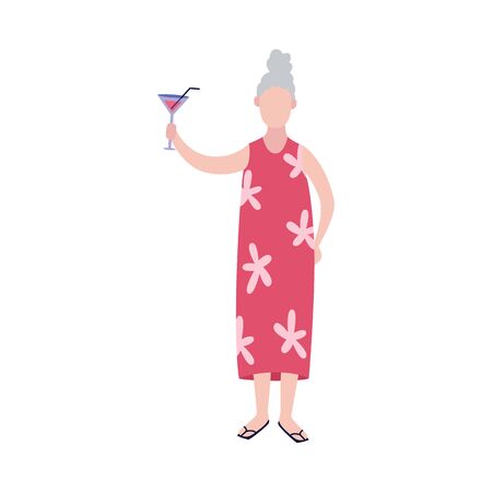 Positive cheerful senior woman with glass of wine cartoon character, flat vector illustration isolated on white background. Elderly people active and healthy lifestyle.のイラスト素材