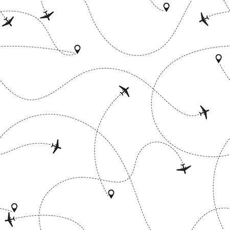 Flying airplanes in sky icons with flight trajectories lines and tracks - seamless pattern vector illustration on white background. Aircraft traveling and transportation.のイラスト素材