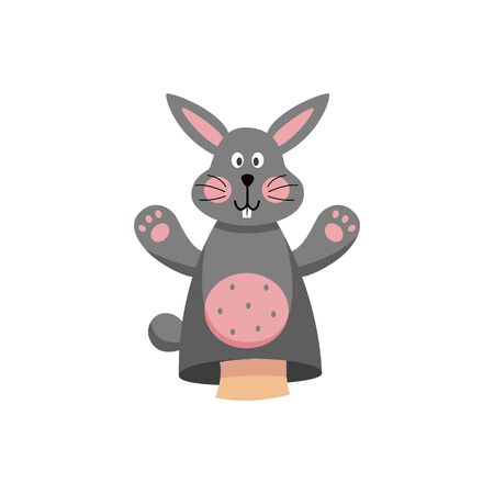 Cute rabbit fabric hands toy or puppet for children theater performance, flat vector illustration isolated on white background. Textile marionette doll icon.のイラスト素材