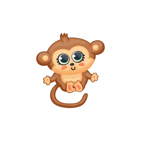 Cute cartoon baby monkey with big eyes vector illustration in kawaii anime style isolated on white background. Zoo funny jungle childlike animal character sitting.のイラスト素材