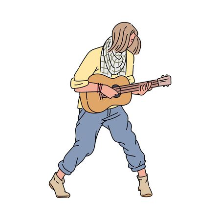 Young guitarist man standing and playing music on acoustic guitar - cartoon street musician in casual clothes performing in emotional pose. Flat isolated vector illustration.のイラスト素材