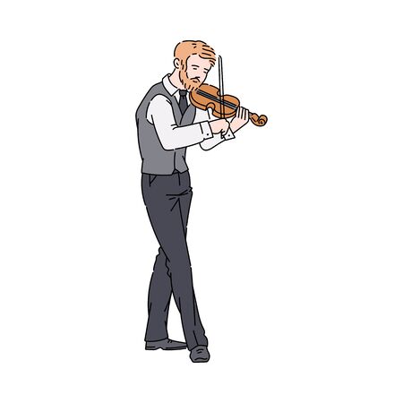 Cartoon man playing violin isolated on white background - young male musician standing and performing classical music with instrument, flat vector illustrationのイラスト素材