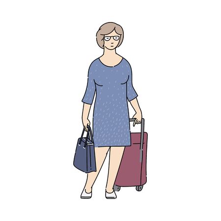 Woman cartoon character with luggage waiting for transport arrival, sketch vector illustration isolated on white background. Tourism and traveling passengers transportation.のイラスト素材