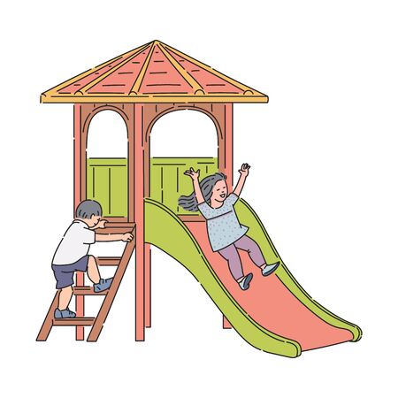Children playground outdoor activity with boy and girl cartoon characters riding slide and having fun, sketch vector illustration isolated on white background.のイラスト素材