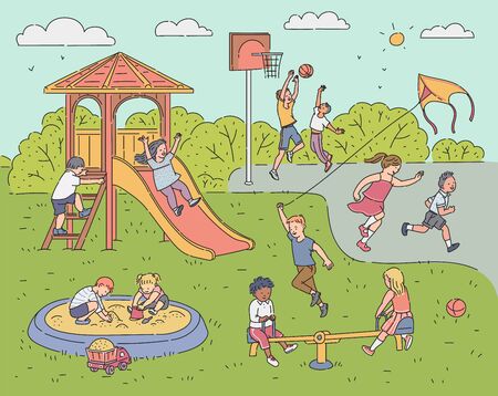 Childrens playing activity outdoors on playground cartoon vector illustration in sketch style. Kids playing at play zone in park or kindergarten - summer background.のイラスト素材