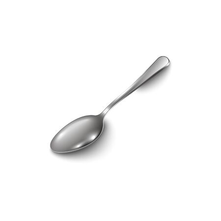 Tea or coffee silver steel shining spoon 3d realistic vector illustration isolated on white background. Kitchen cooking utensils and tableware element.のイラスト素材