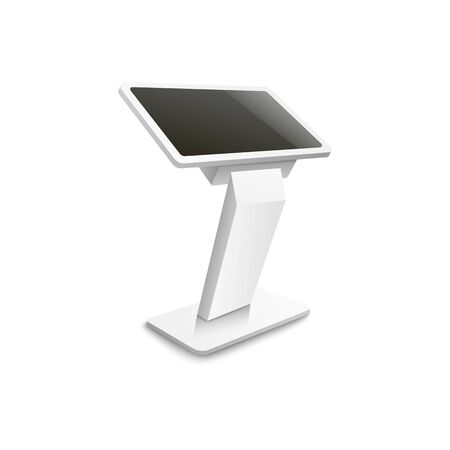 Advertising or information terminal stand with blank screen, 3d realistic vector mockup illustration isolated on white background. Side view of interactive panel template.のイラスト素材