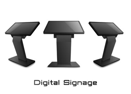 Digital signage stand or advertising display terminal in various views set, 3d realistic mockup or template vector illustration isolated on white background.のイラスト素材