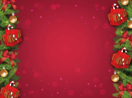 Red winter christmas background template with border of fir tree branches, gifts, ribbon and balls for decoration, realistic vector illustration.のイラスト素材