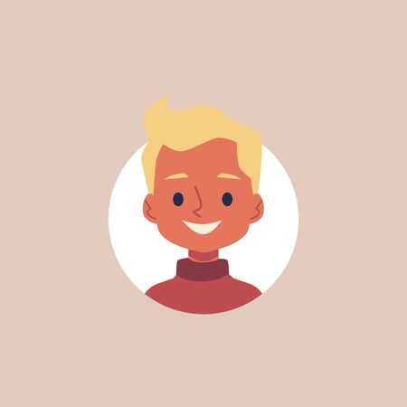 Cute little blonde caucasian boy cartoon websites avatar - character head on circle backdrop, flat vector illustration isolated on background. Funny young male portrait.のイラスト素材