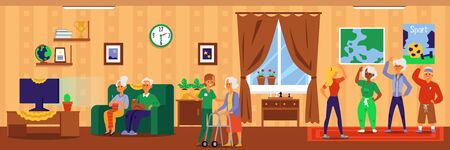 Nursing home interior banner with cartoon elderly people doing fun activities - dance exercise and watching TV on sofa. Retirement facility room - flat vector illustrationのイラスト素材
