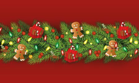 Christmas fir green branches horizontal garland, border element decorated with gingerbread men, gift boxes and lights, flat cartoon vector illustration on red background.のイラスト素材