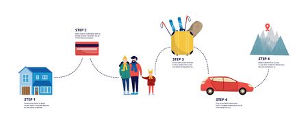 Hotel and ski resort cottage online booking with people cartoon characters, flat vector illustration isolated on white background. Winter sport and active recreation.のイラスト素材