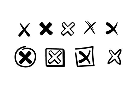 Hand drawn doodle check marks in checkboxes, graphic black ink vector illustrations set isolated on white background. Cross a questionnaire checklist symbols collection.のイラスト素材