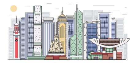 Hong Kong city skyline with landmarks and monuments horizontal banner, cartoon sketch vector illustration background. Urban modern architecture cityscape.のイラスト素材