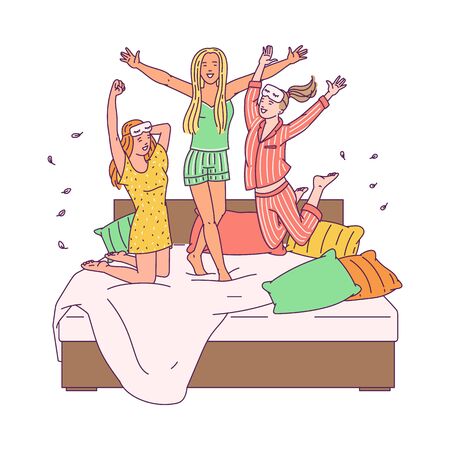 Girl friends at sleepover slumber party jumping on the bed wearing pajamas. Happy girls having fun at pajama party - flat isolated vector illustrationのイラスト素材