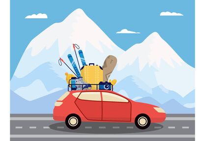 Car loaded with winter sport equipment at mountain landscape background, flat vector illustration. Winter travel and holiday recreation in ski resort in cold season.のイラスト素材