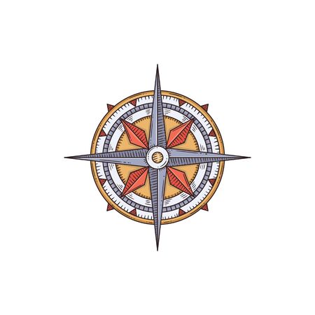 Vintage engraved nautical compass cartoon sketch vector illustration isolated on white background. Sea ship or marine boat equipment and navigation ancient device.のイラスト素材