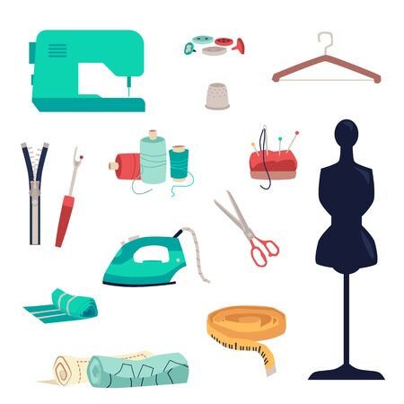 Sewing supplies set isolated on white background - sewing machine, thread and needle, buttons and fabric scraps. Needlework accessories - flat vector illustration.のイラスト素材