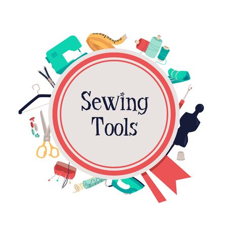 Sewing tools poster with tailor's equipment kit on background - fashion designer's sewing machine, thread and needles, pin cushion an other objects. Flat isolated vector illustrationのイラスト素材