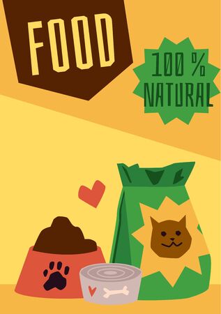 100% natural pet food poster template with dog bowl and cat feed bag on yellow background. Domestic animal nutrition product ad - vector illustration.のイラスト素材