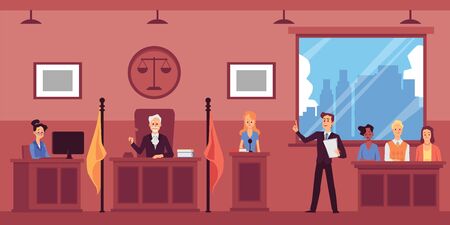 Judicial system concept with lawyer interrogating witnesses in courtroom, flat vector illustration. Trial session interior background with jury people cartoon characters.のイラスト素材