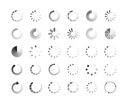 Graphic set of progress loaders circle icons vector illustration isolated on white background. Electronic device interface symbols of preloaders and buffering process.のイラスト素材