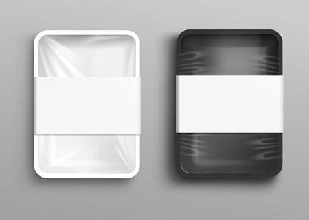 Set of black and white cellophane covered food container or storage package, realistic vector mockup illustration isolated on background. Products package wrapped with film.のイラスト素材
