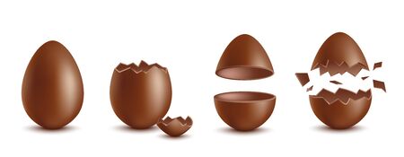 Realistic Easter chocolate eggs - broken, exploded eggshell, two halves and whole egg, vector illustration isolated on white background. Sweet holiday cocoa dessert.のイラスト素材