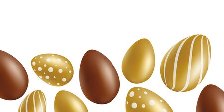 Ester holiday banner or horizontal border template with chocolate and gold plated egs, realistic vector mockup illustration on white background. Sweet treat or candies.のイラスト素材