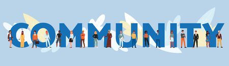 Community banner - cartoon people standing near giant word talking to each other. Social group event or organisation poster - flat isolated vector illustration.のイラスト素材