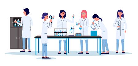 Science laboratory with women cartoon characters, laboratory employees or researches - flat vector illustration isolated on background. Medical or chemist experiment.のイラスト素材