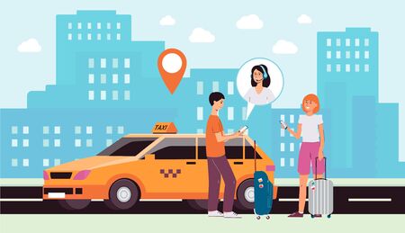 Cityscape background with taxi car and people cartoon characters ordering transportation via internet app, flat vector illustration. Advanced network technology.のイラスト素材