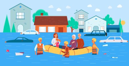 Flood rescue banner - cartoon family in boat saved by natural disaster relief team helping them move through water. Flooded town landscape - flat vector illustration.のイラスト素材