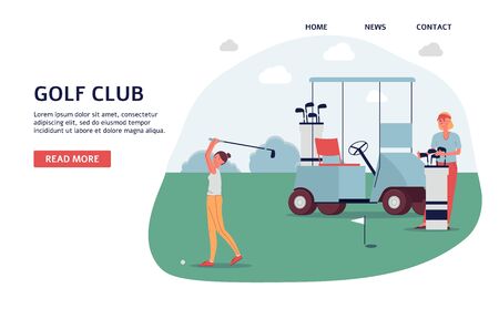 Golf club banner on landing page template - golfer woman on green outdoor course with golfing cart ready to hit the ball. Flat vector illustration of sport game.のイラスト素材