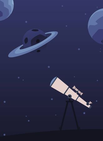 Astronomy poster with telescope on tripod looking at night sky with planets and starsのイラスト素材