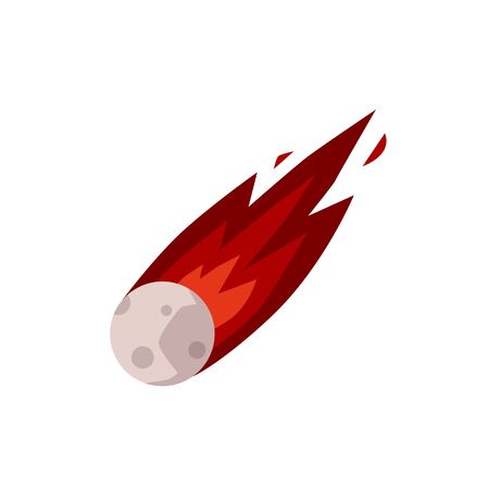 Meteor or comet with burning gas tail icon, flat cartoon vector illustration isolated on white...