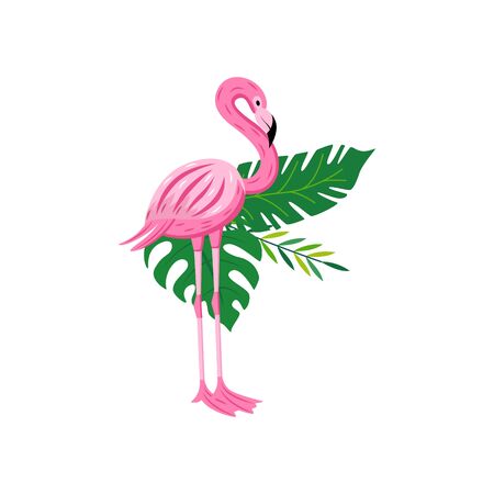 Exotic pink flamingo bird on tropical leaves backdrop, flat cartoon vector illustration isolated on white background. Summer design for prints and stickers.のイラスト素材